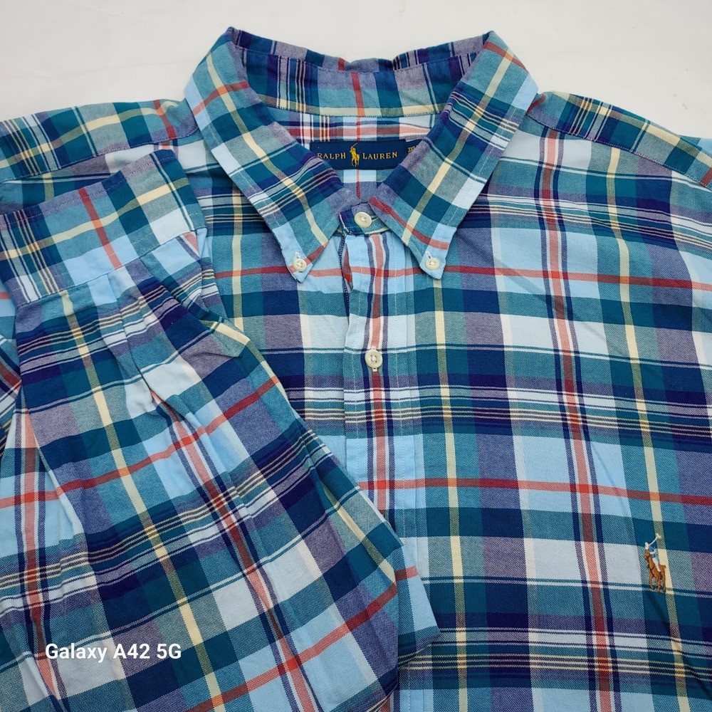 Ralph Lauren Mens 3XLT Big & Tall Plaid Button Down Shirt Blue Multi Cotton